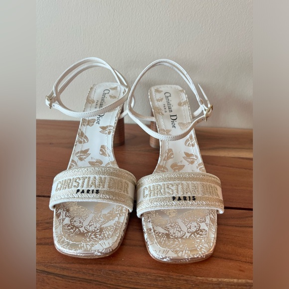 Dior Dway Heeled Sandal White and Gold-Tone Gradient Butterflies Sz 37/us7 - Picture 3 of 14